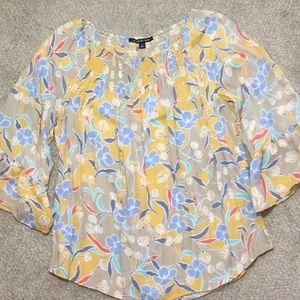 Smocked neck floral gauze top